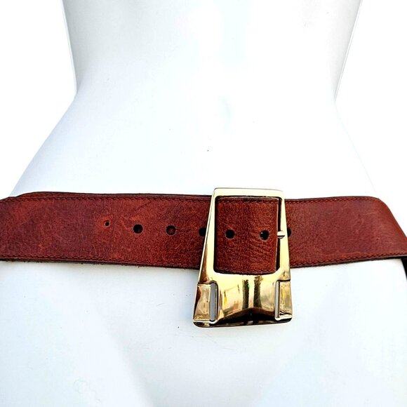 Vintage BRAVE Beltworks Belt Leather Brass Buckle Made in Canada 30 32 35 M - Picture 1 of 13